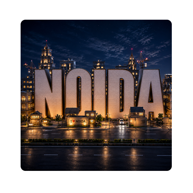 Illuminated NOIDA landmark letters against the night skyline