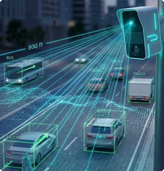 Night highway traffic with LPR camera scanning vehicles highlighted in cyan wireframes