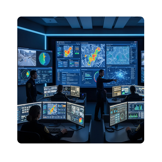 Public safety command center with operators monitoring maps and surveillance feeds